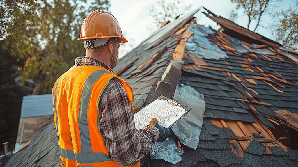 A homeowner using binoculars to inspect the roof of a single-family house after a storm.